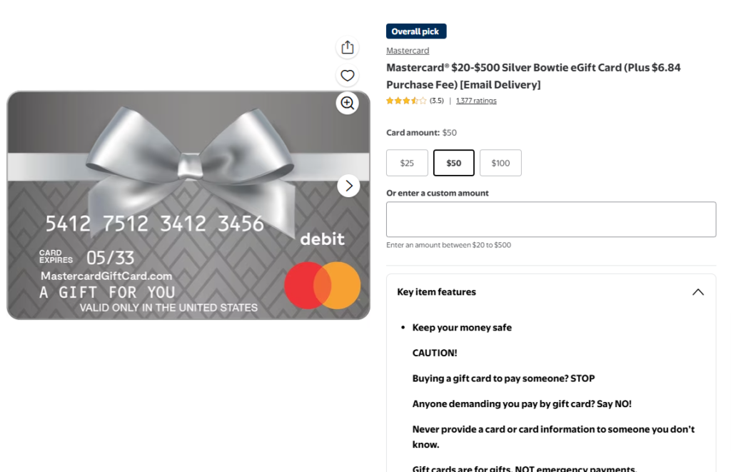 Walmart digital gift card interface displays flexible and custom amount controls for a gift card for WooCommerce