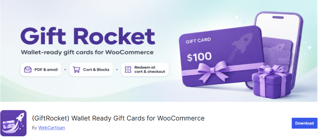 GiftRocket banner for a gift card for WooCommerce plugin displays mobile wallet compatibility and digital gift features by WebCartisan