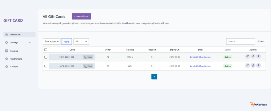 GiftRocket dashboard management table displays active codes and balances for a gift card for WooCommerce store