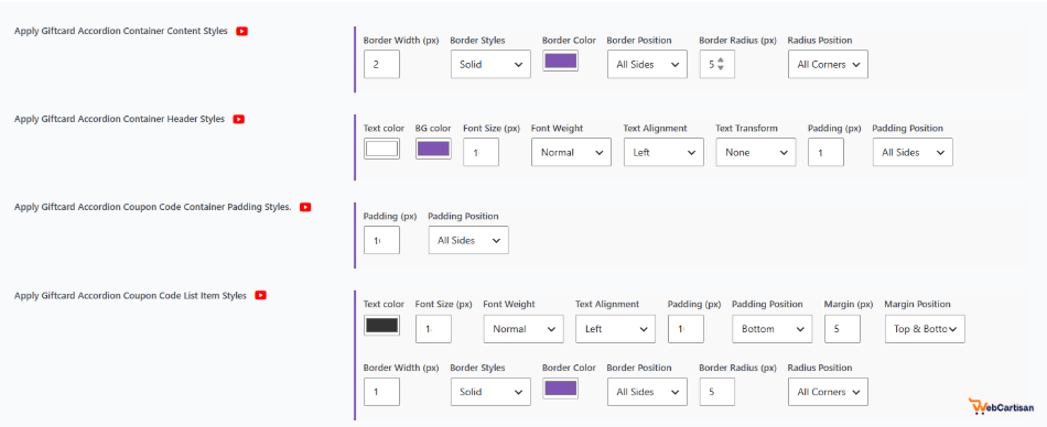 GiftRocket advanced styling settings dashboard shows border and color controls for a gift card for WooCommerce store