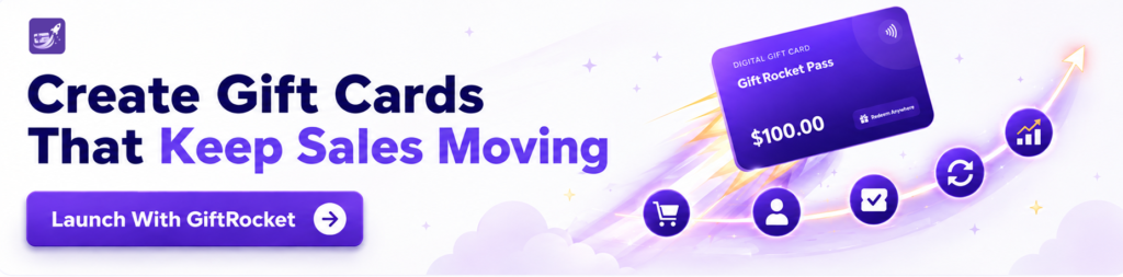 GiftRocket WooCommerce gift card plugin CTA banner encouraging store owners to create digital gift cards and grow holiday sales. Holiday Gift Card Promotion Ideas
