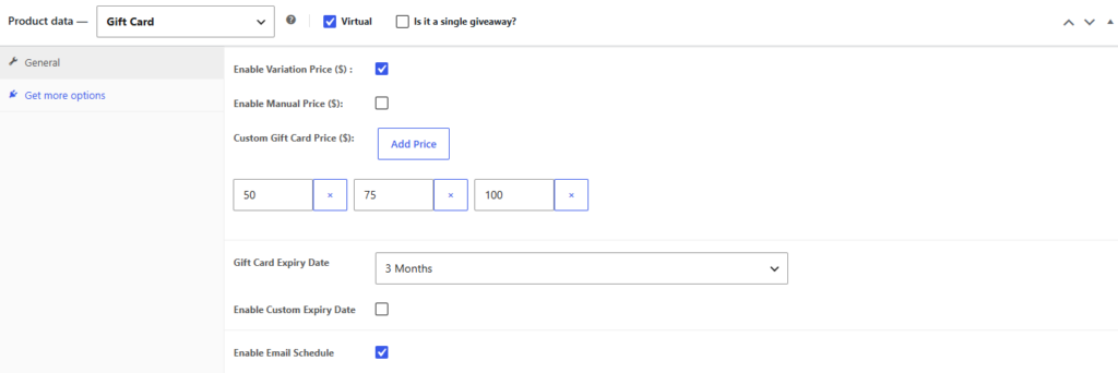 WooCommerce Gift Card settings showing multiple preset gift card amounts, expiry date, and scheduled email delivery options in GiftRocket. Holiday Gift Card Promotion Ideas