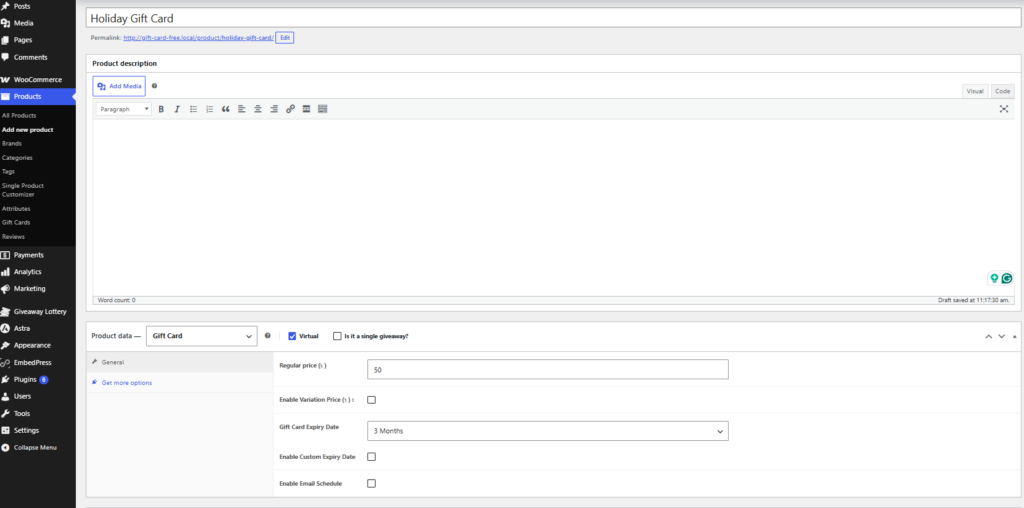 WooCommerce product editor showing a Holiday Gift Card product with Gift Card selected, virtual enabled, regular price, expiry date, and email schedule settings. Holiday Gift Card Promotion Ideas