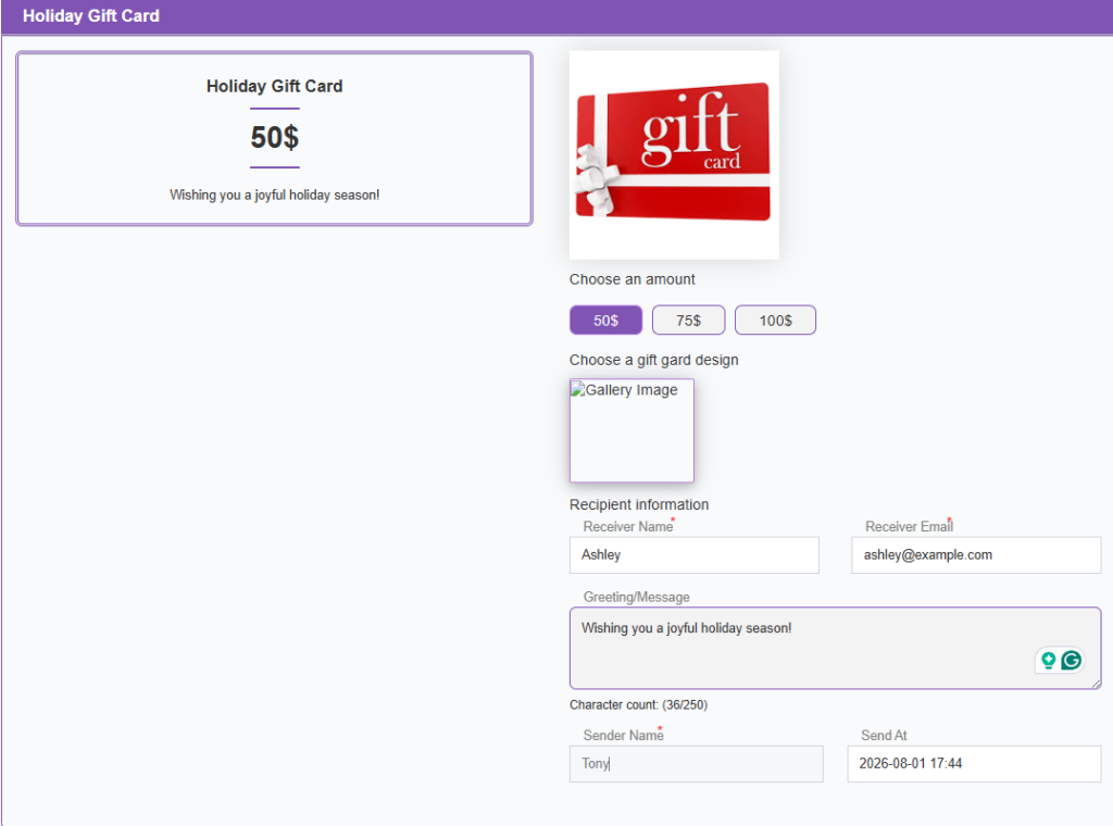 WooCommerce Holiday Gift Card product page showing gift card preview, preset amounts, recipient details, personal message, sender name, and scheduled delivery fields. Holiday Gift Card Promotion Ideas
