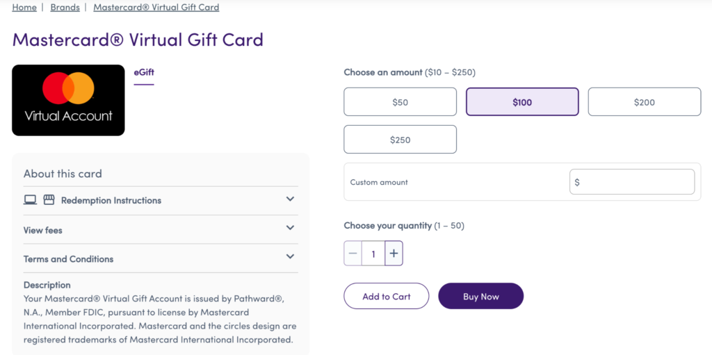 Mastercard virtual gift card page showing preset amounts, a custom value field, quantity controls, and purchase buttons. Holiday Gift Card Promotion Ideas
