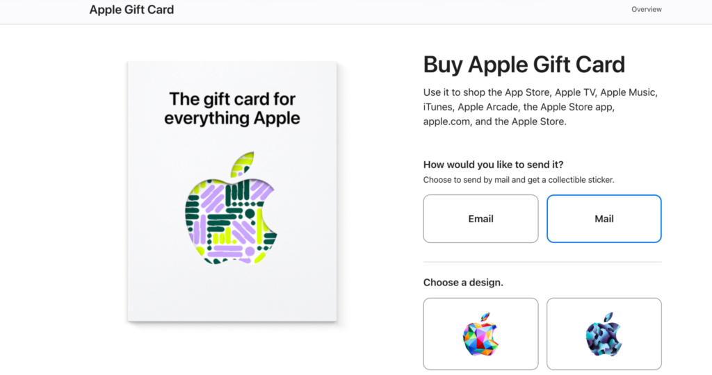 Apple Gift Card purchase page showing email and mail delivery options with selectable gift card designs. Holiday Gift Card Promotion Ideas