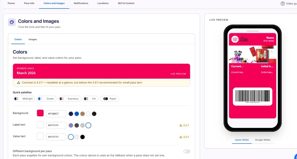 ePasscard Colors and Images settings showing Apple Wallet gift card design customization and live pass preview.