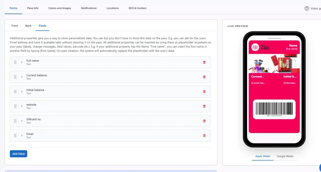 ePasscard Forms and Fields settings showing WooCommerce gift card data fields with an Apple Wallet live preview
