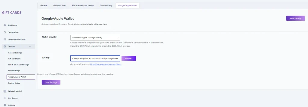 GiftRocket Google and Apple Wallet settings showing the ePasscard API key connection setup in WordPress.