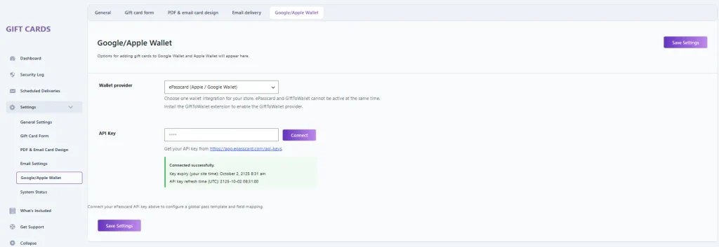GiftRocket Google and Apple Wallet settings showing a successful ePasscard connection for WooCommerce gift cards.