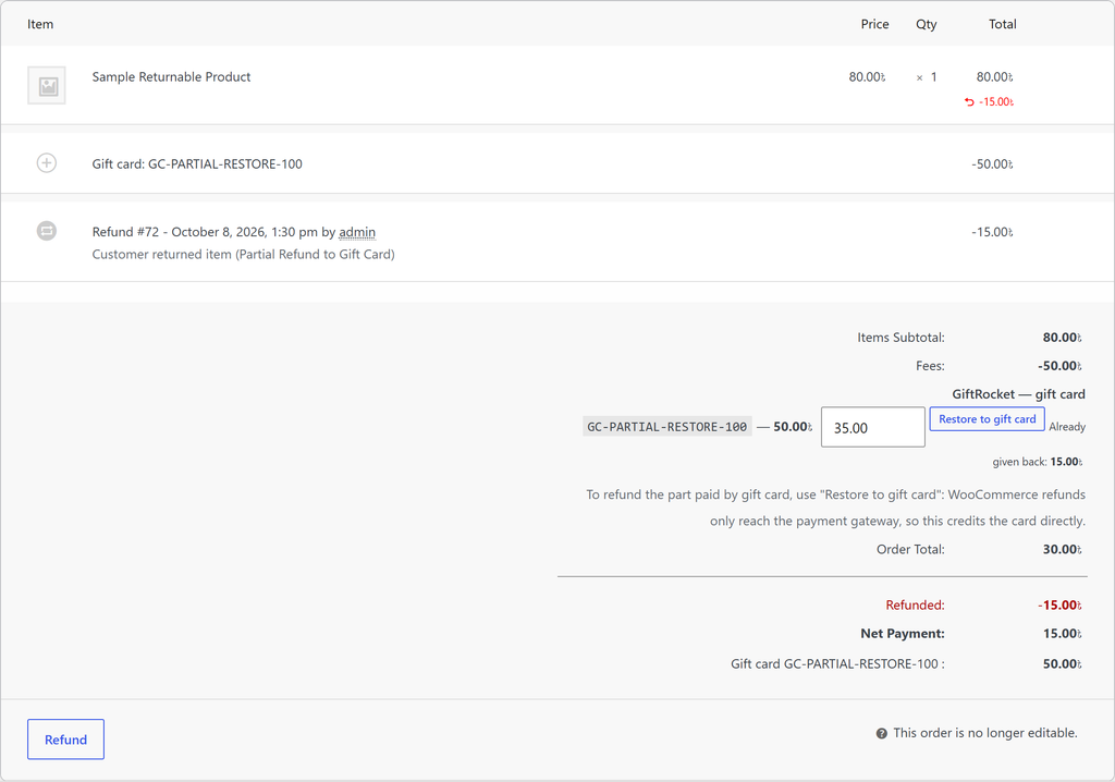 WooCommerce order edit screen showing GiftRocket Restore to gift card button and partial refund amount tracking