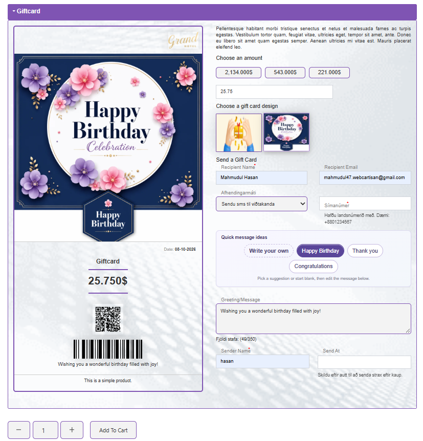 GiftRocket Gift Card Decimal Amount Support on Product Page GiftRocket WooCommerce gift card product page displaying exact decimal amount $25.75 with live gift card preview