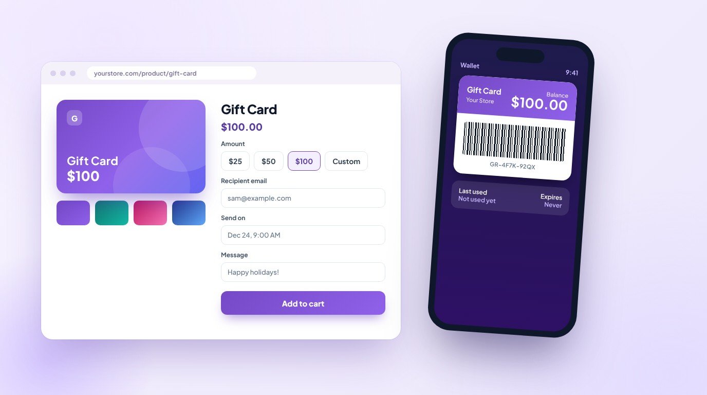 A gift card product page in WooCommerce next to a phone showing the gift card as a wallet pass