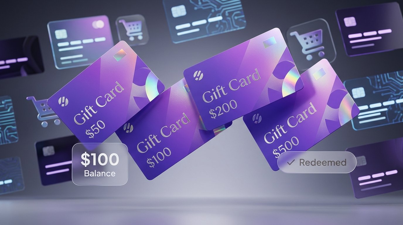 Purple gift cards for $50, $100, $200 and $500 with a $100 balance badge, shown for GiftRocketWP gift cards in SureCart